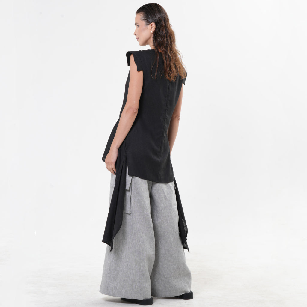 METAMORPHOZA - Black Asymmetric Linen Top with High-Low Hem, buy at DOORS NYC