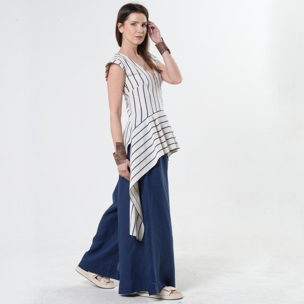 METAMORPHOZA - Asymmetric Linen Top | Blue Stripes , buy at DOORS NYC