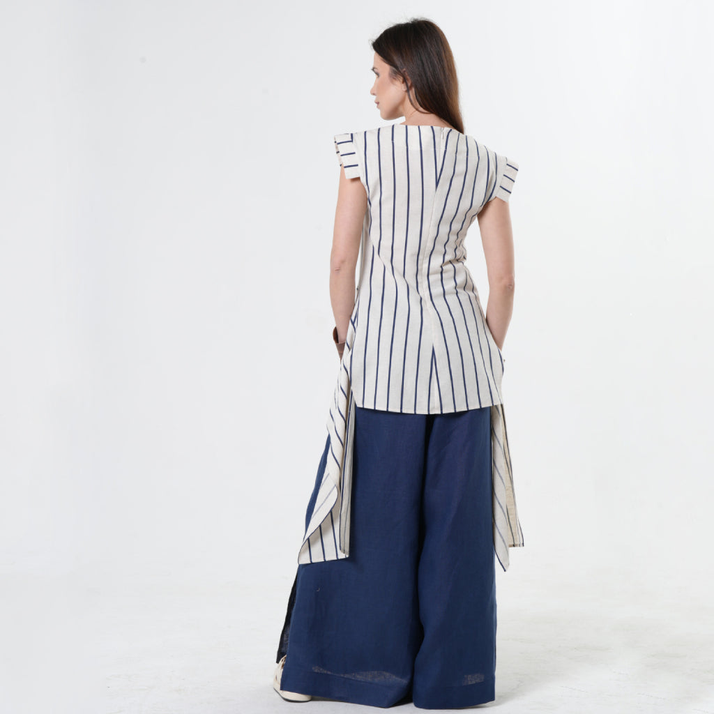 METAMORPHOZA - Asymmetric Linen Top | Blue Stripes , buy at DOORS NYC