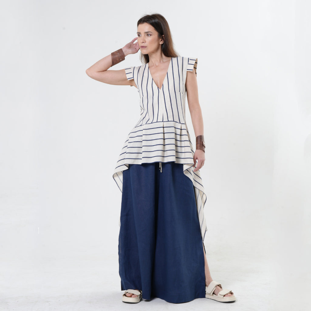METAMORPHOZA - Asymmetric Linen Top | Blue Stripes , buy at DOORS NYC