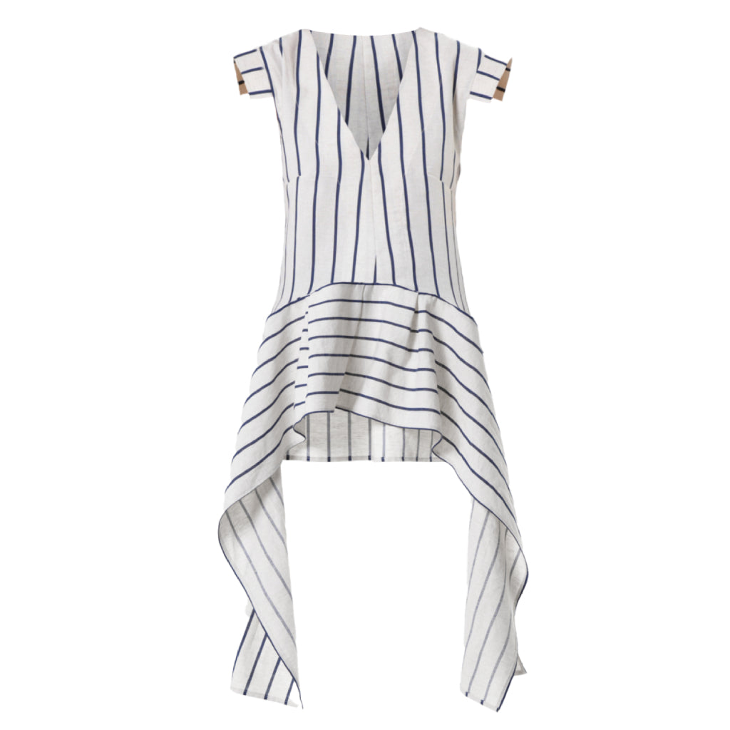 METAMORPHOZA - Asymmetric Linen Top | Blue Stripes , buy at DOORS NYC