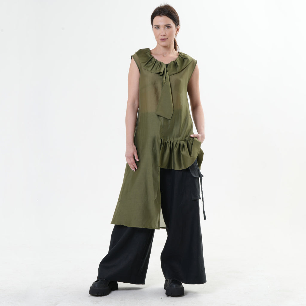 METAMORPHOZA - Asymmetric Sheer Tunic Top | Khaki, buy at DOORS NYC