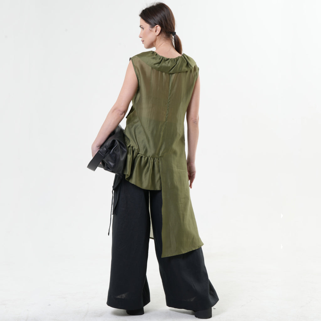 METAMORPHOZA - Asymmetric Sheer Tunic Top | Khaki, buy at DOORS NYC