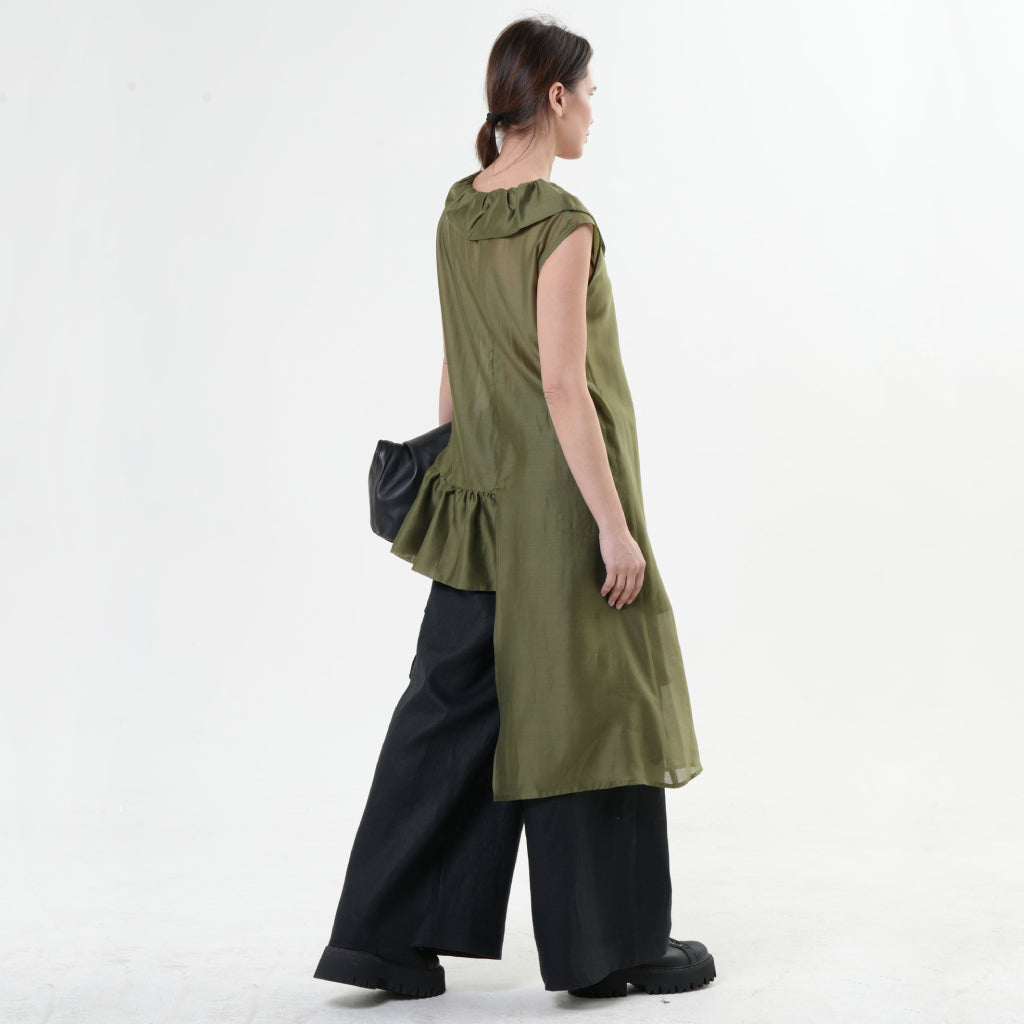 METAMORPHOZA - Asymmetric Sheer Tunic Top | Khaki, buy at DOORS NYC