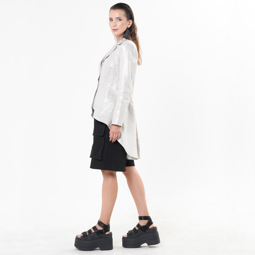 METAMORPHOZA - Pearl Silver Asymmetrical Linen Blazer, buy at DOORS NYC