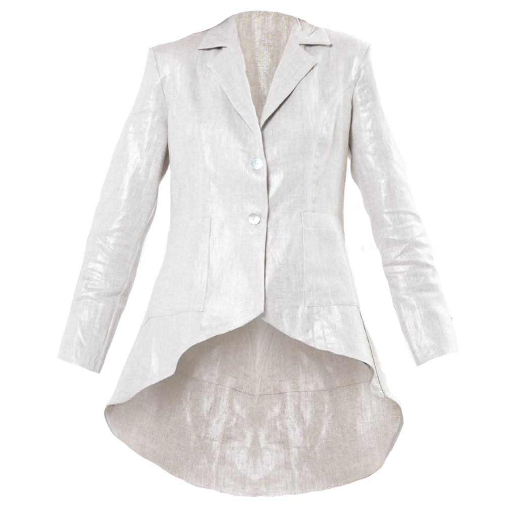 METAMORPHOZA - Pearl Silver Asymmetrical Linen Blazer, buy at DOORS NYC