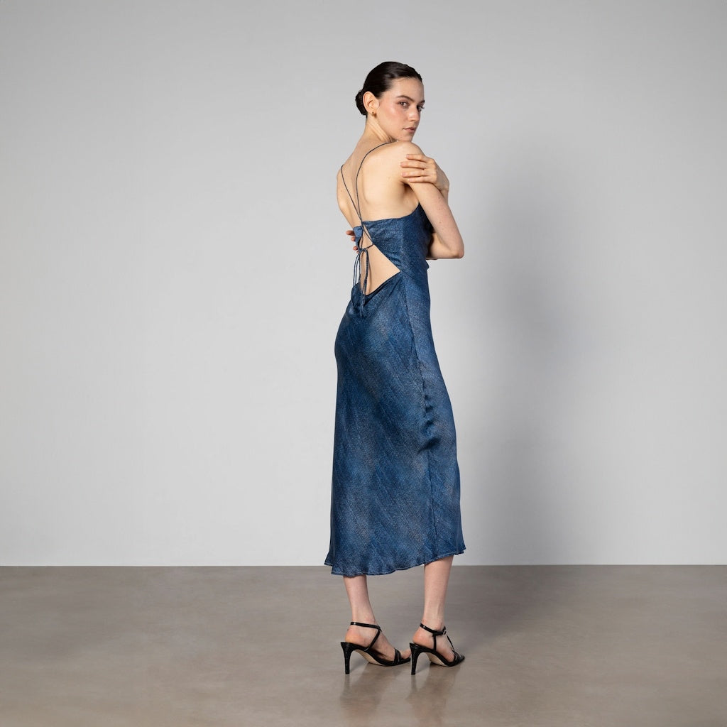 Denim Print Silk Slip Dress with Cowl Neck
