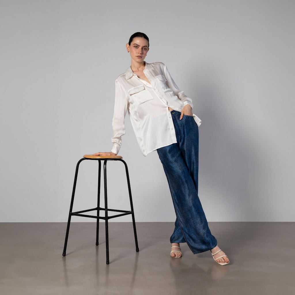 White Boyfriend Silk Shirt with Double Pockets