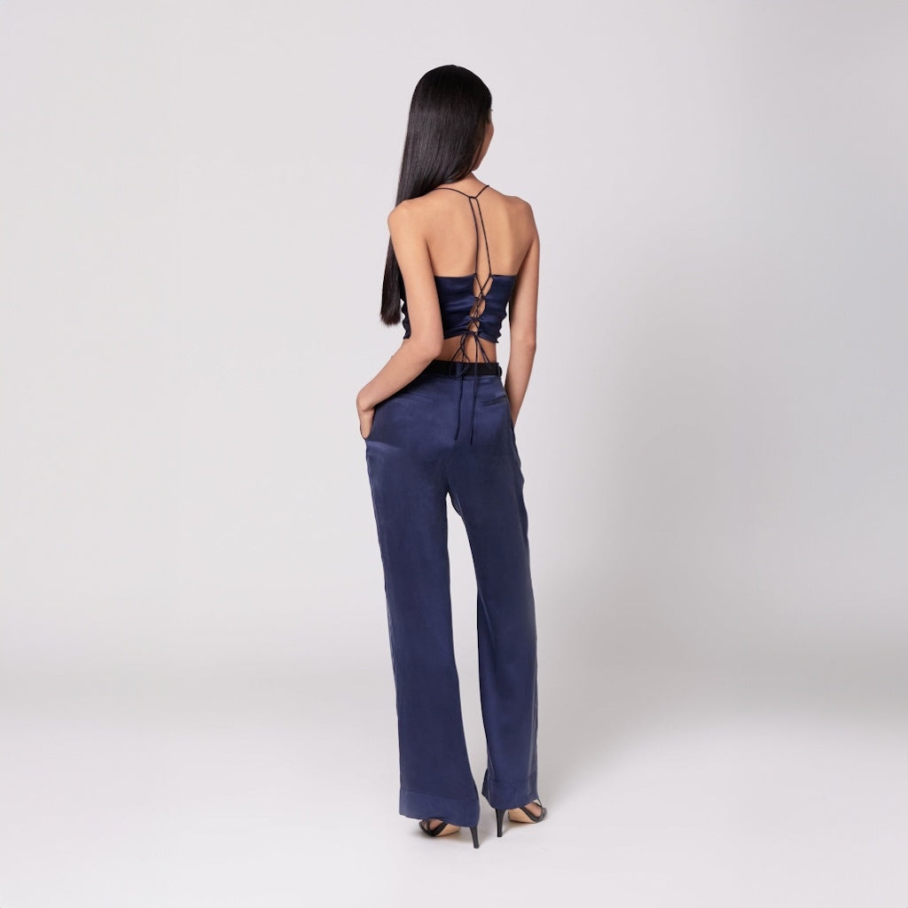 Dark Navy Silk Wide-Leg Pants with Tapered Waist