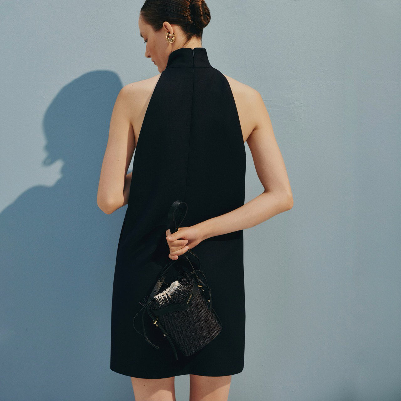 Black Woven Mini Bucket Bag with Leather Trim