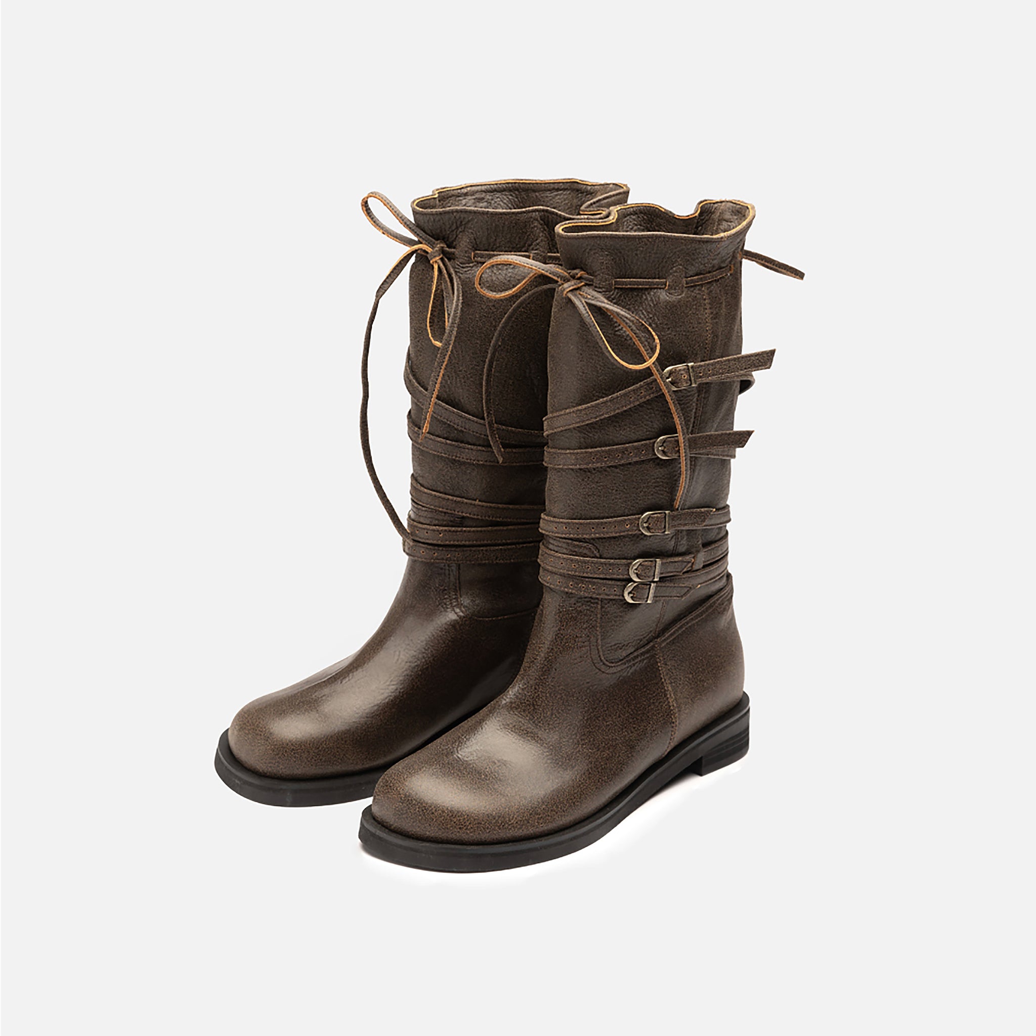 Brown Leather 
Multi‑Strap Buckle Mid‑Calf Boots