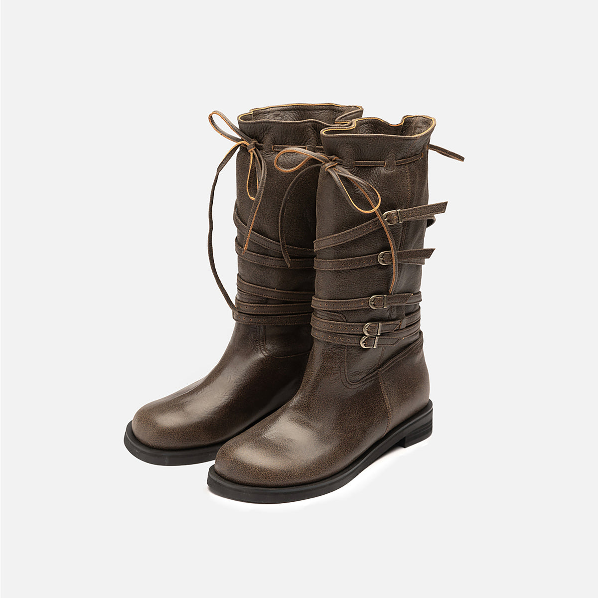 Brown Leather 
Multi‑Strap Buckle Mid‑Calf Boots