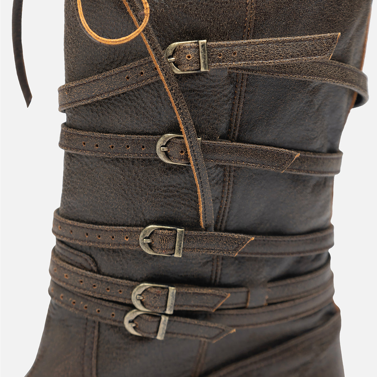 Brown Leather 
Multi‑Strap Buckle Mid‑Calf Boots