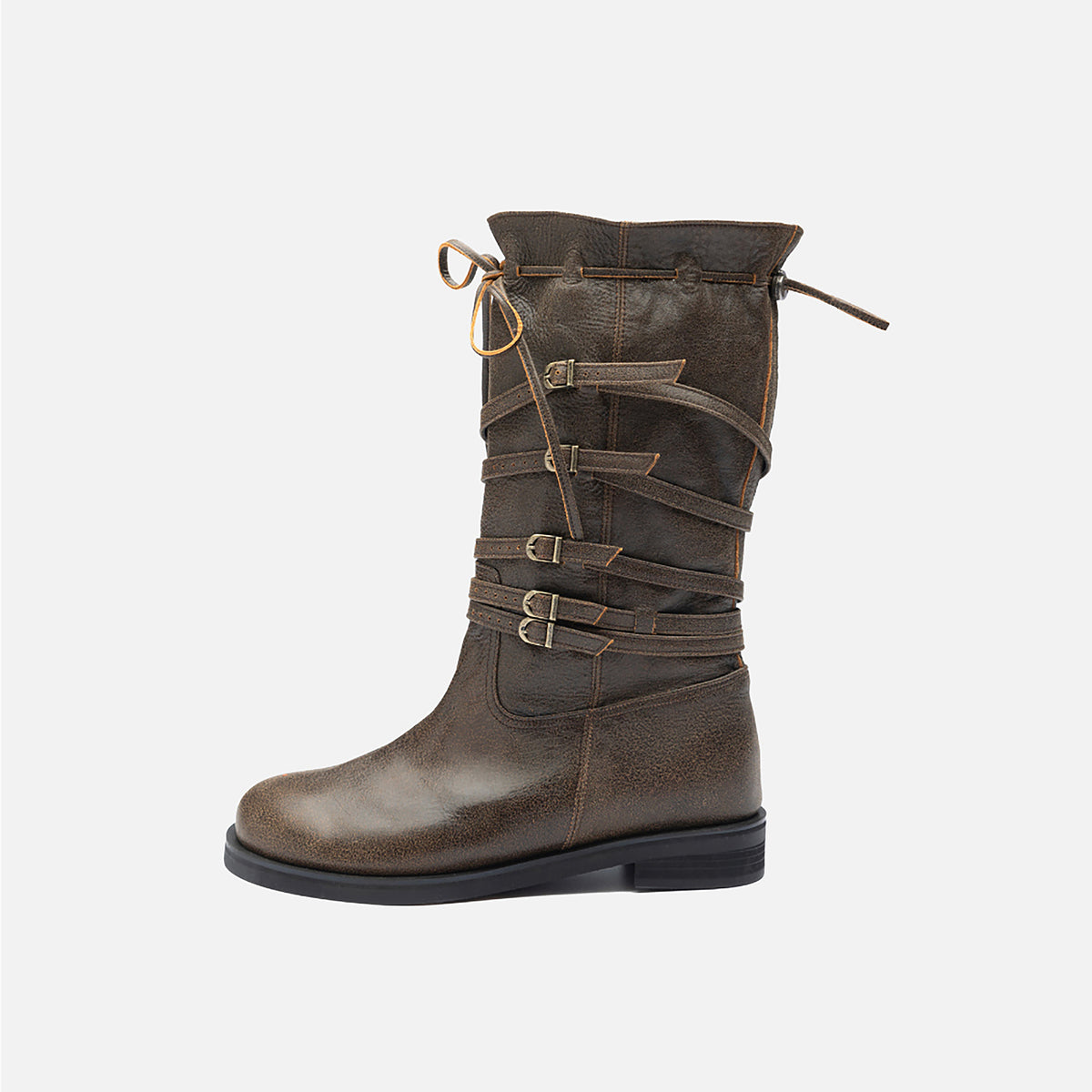 Brown Leather 
Multi‑Strap Buckle Mid‑Calf Boots