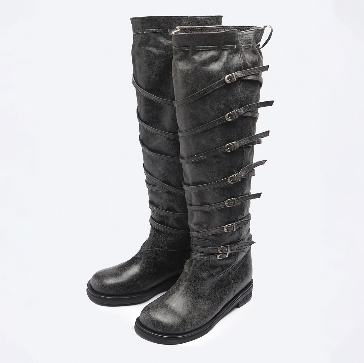 Grey  Knee‑High Leather Multi‑Strap 
Buckle Boots