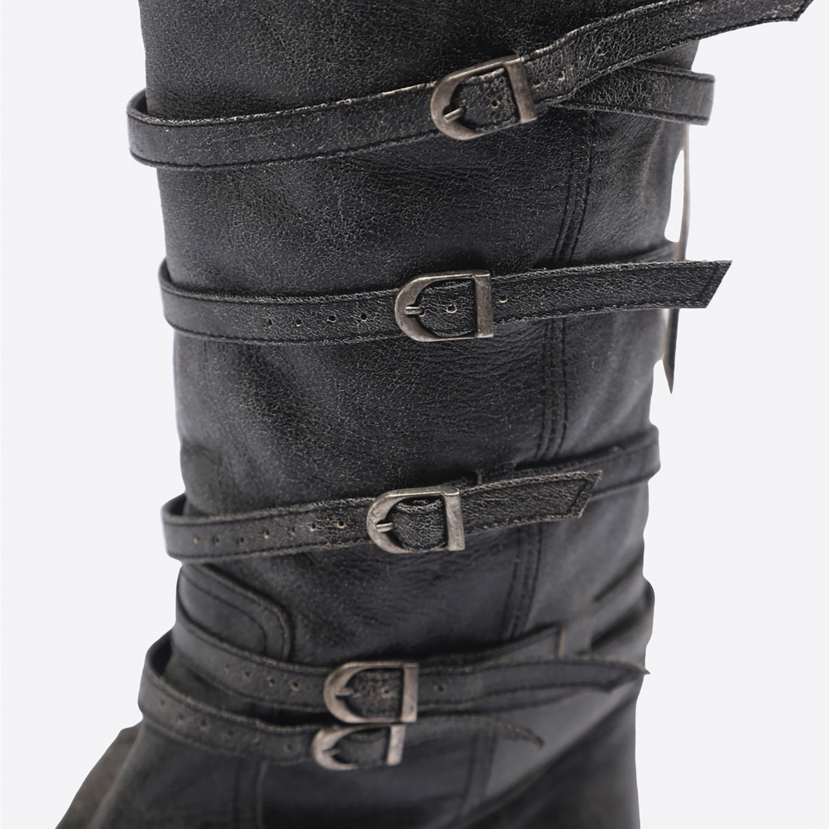 Grey  Knee‑High Leather Multi‑Strap 
Buckle Boots
