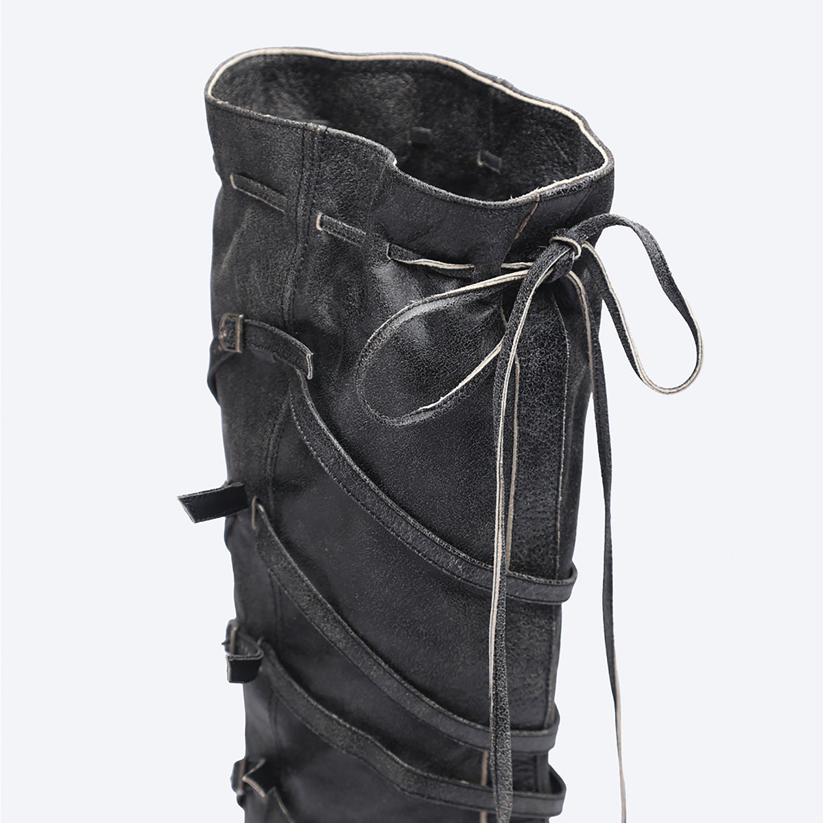 Grey  Knee‑High Leather Multi‑Strap 
Buckle Boots