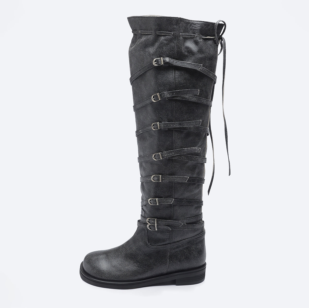 Grey  Knee‑High Leather Multi‑Strap 
Buckle Boots