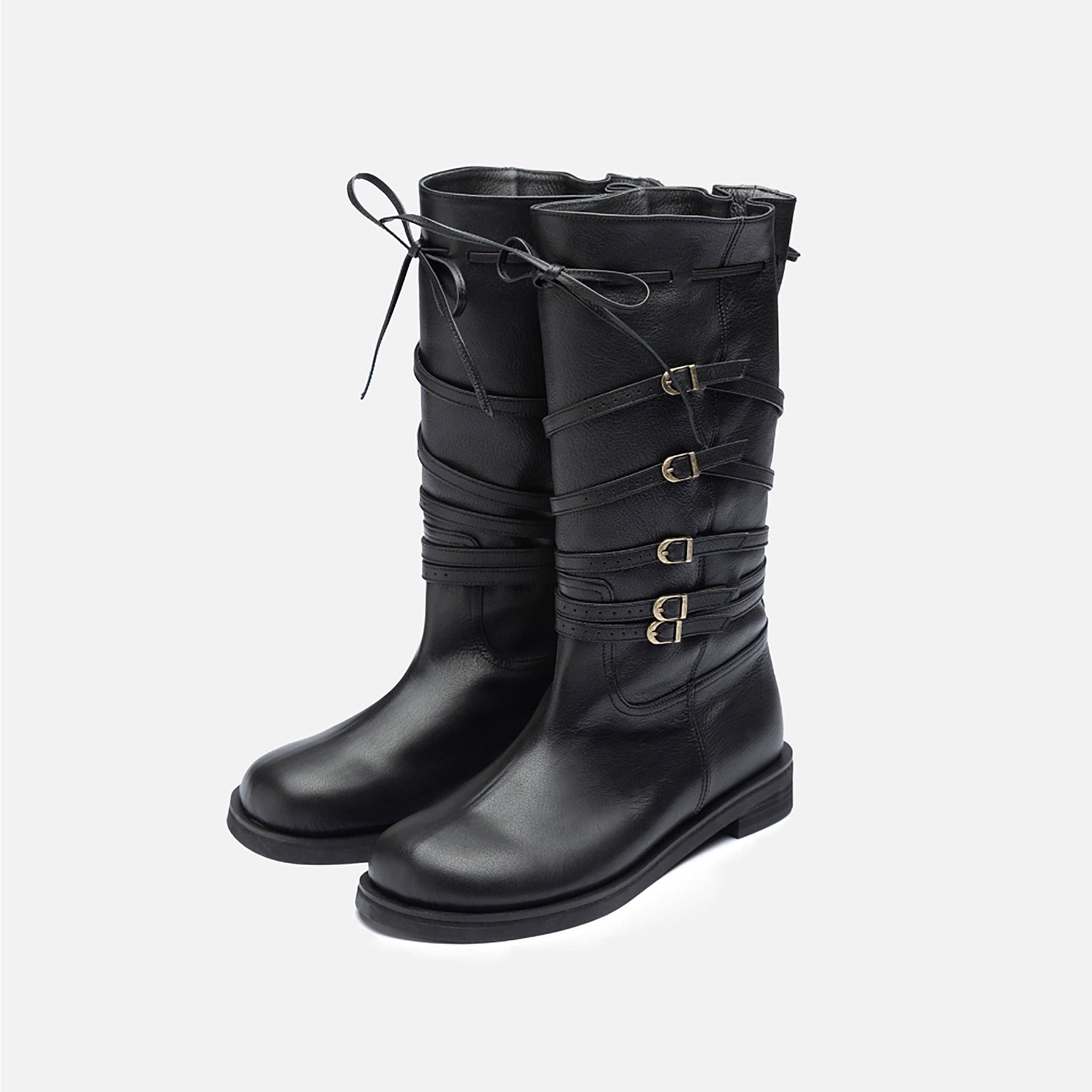 Black Leather 
Multi‑Strap Buckle Mid-Calf Boots