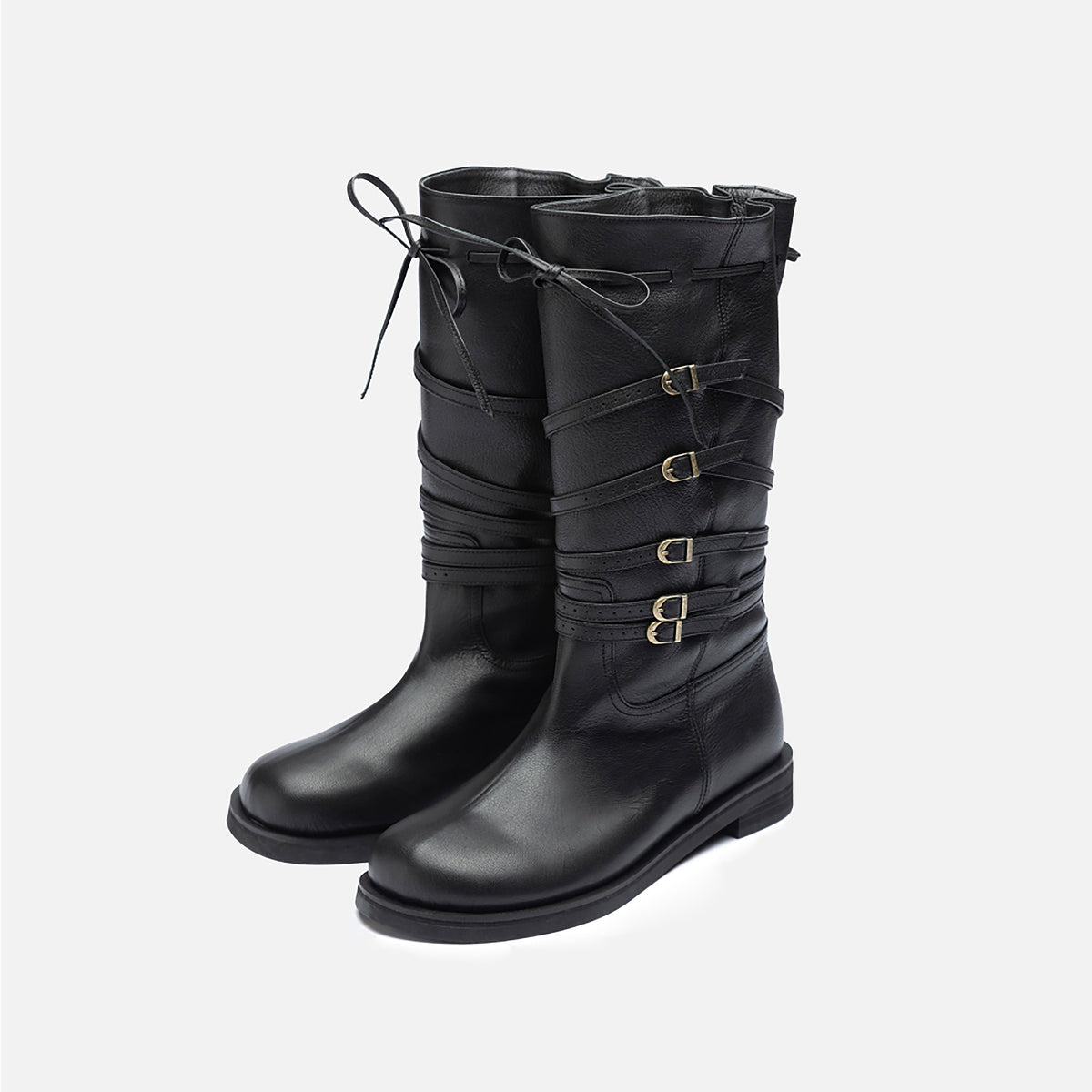 Black Leather 
Multi‑Strap Buckle Mid-Calf Boots