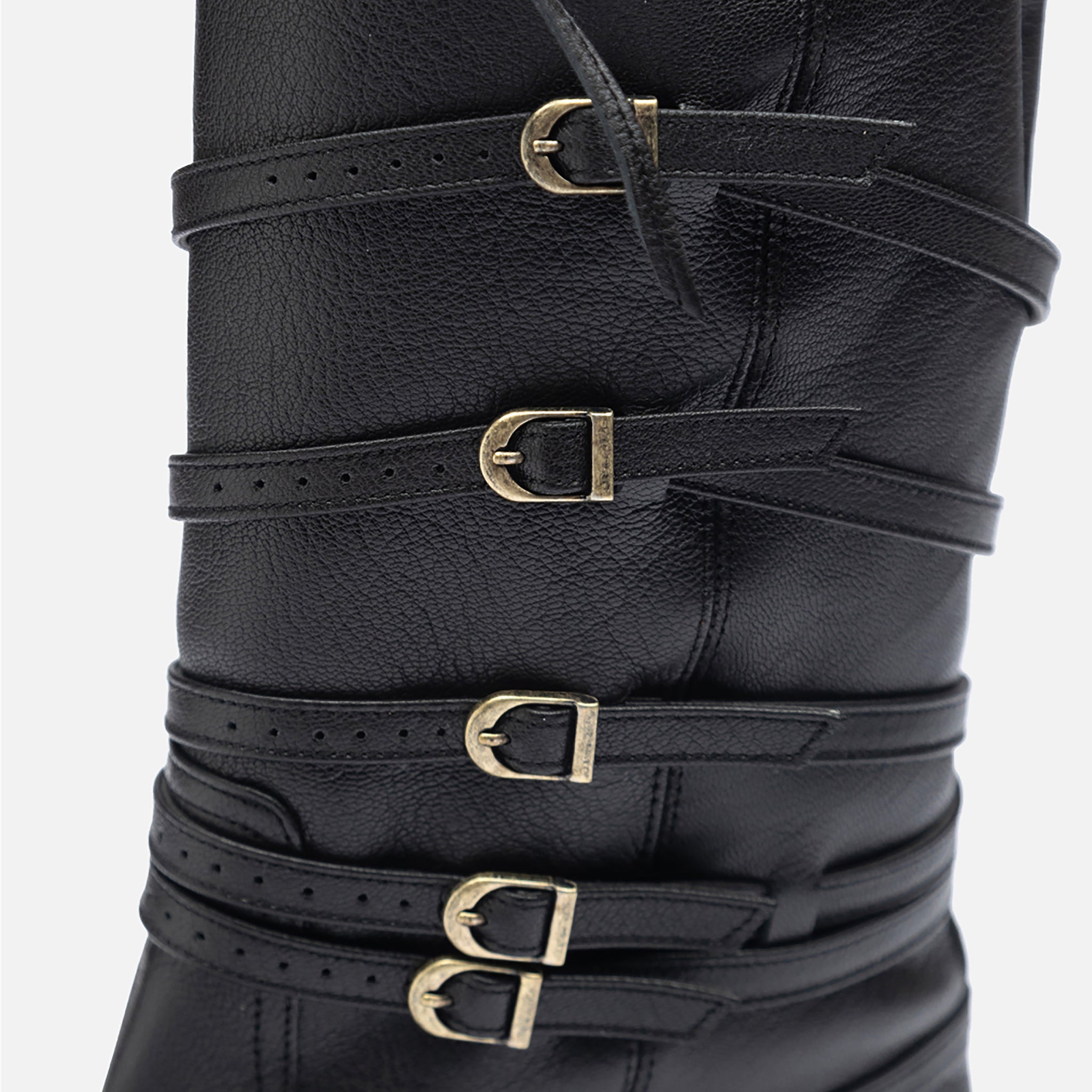 Black Leather 
Multi‑Strap Buckle Mid-Calf Boots