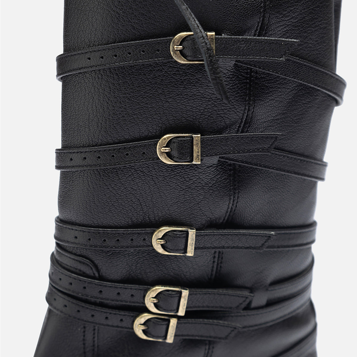 Black Leather 
Multi‑Strap Buckle Mid-Calf Boots