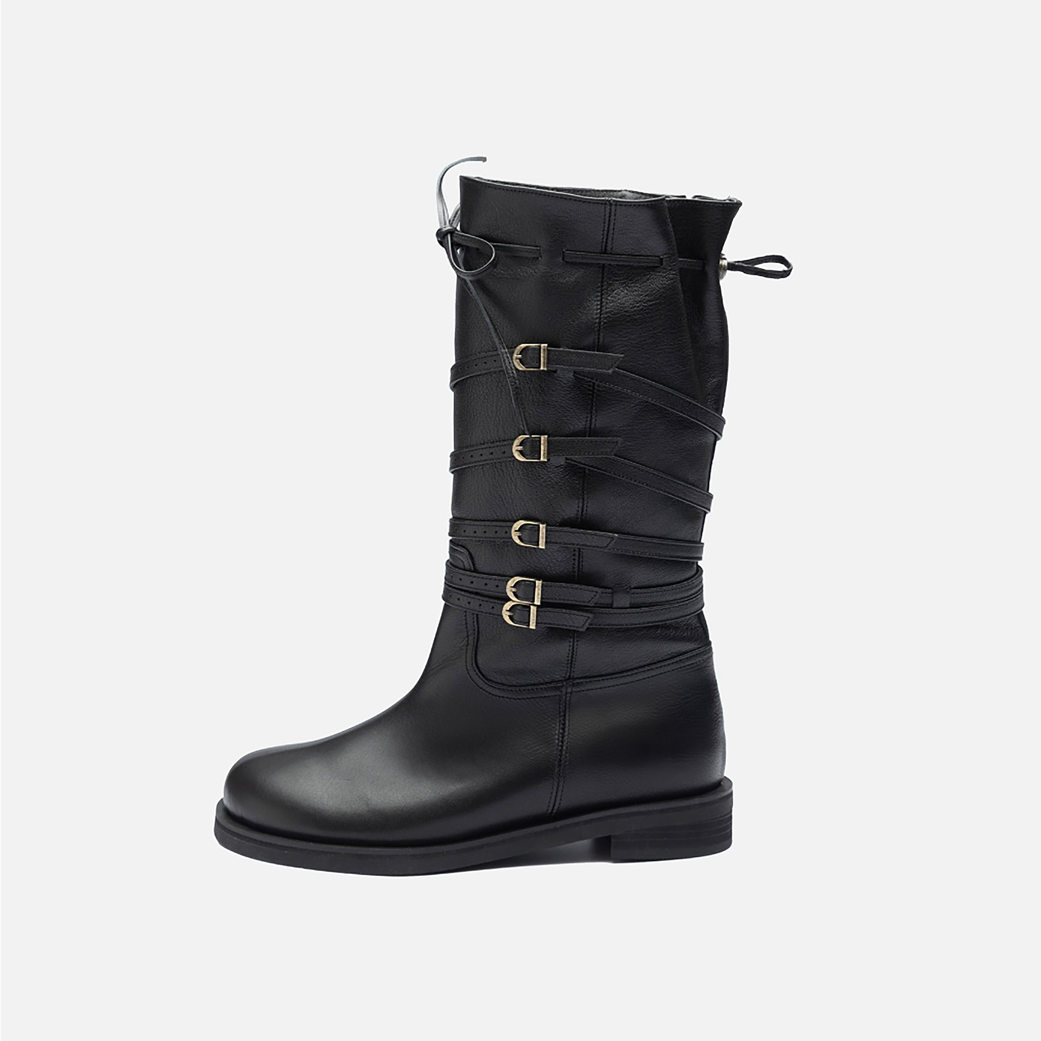 Black Leather 
Multi‑Strap Buckle Mid-Calf Boots