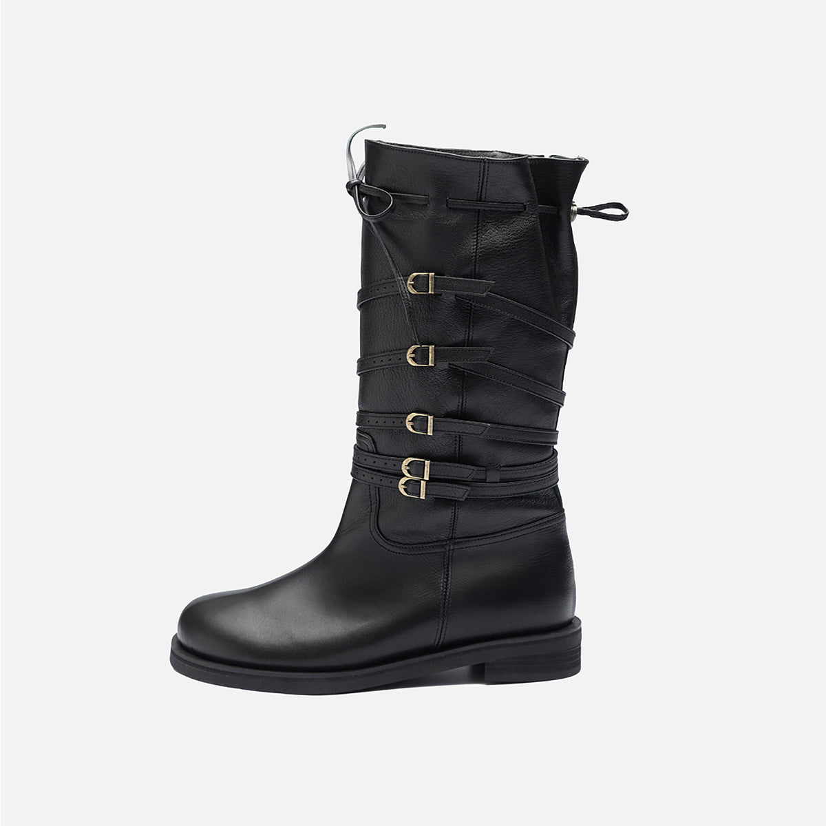 Black Leather 
Multi‑Strap Buckle Mid-Calf Boots