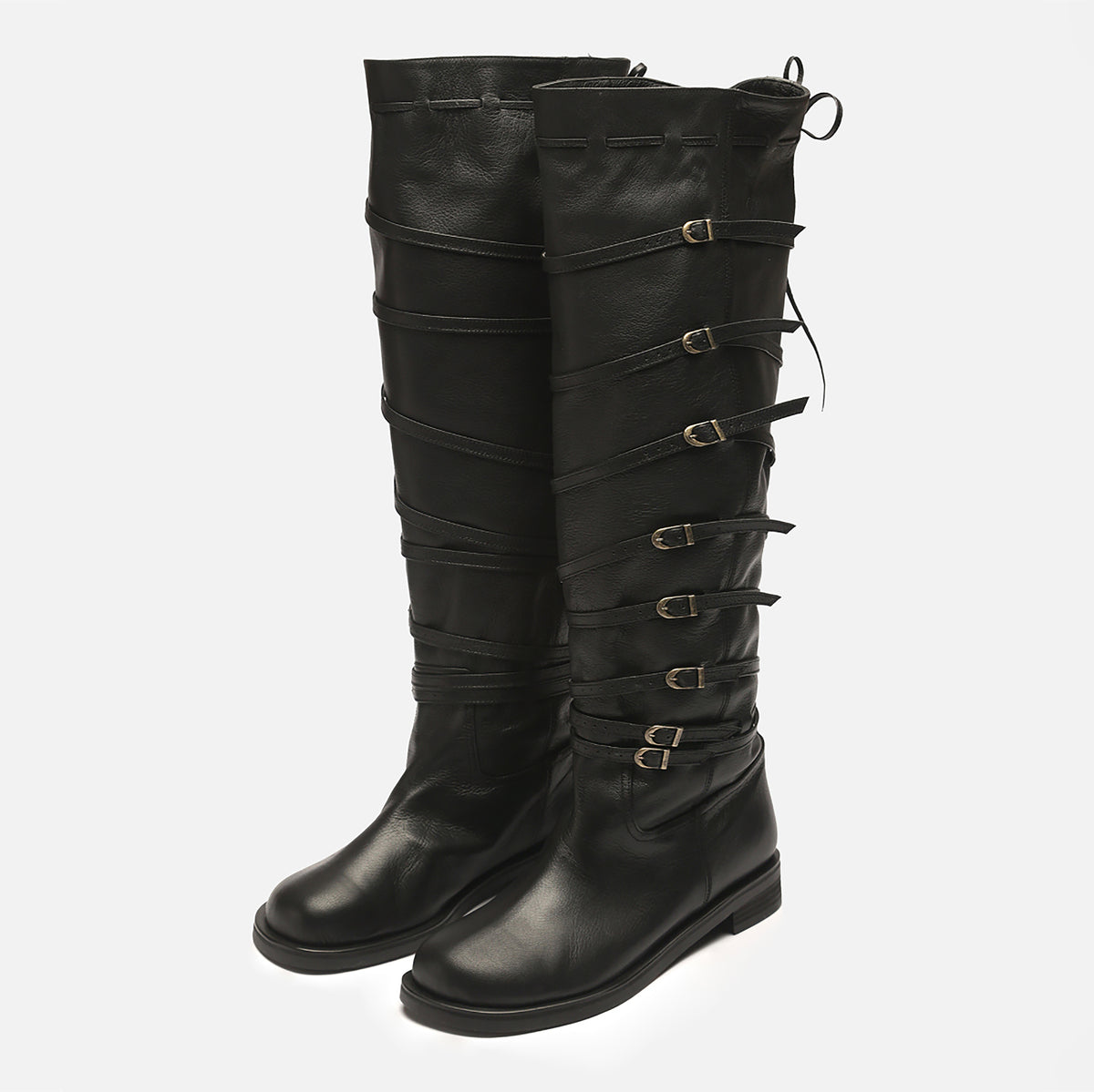 Black Knee‑High 
Leather Multi‑Strap Buckle Boots