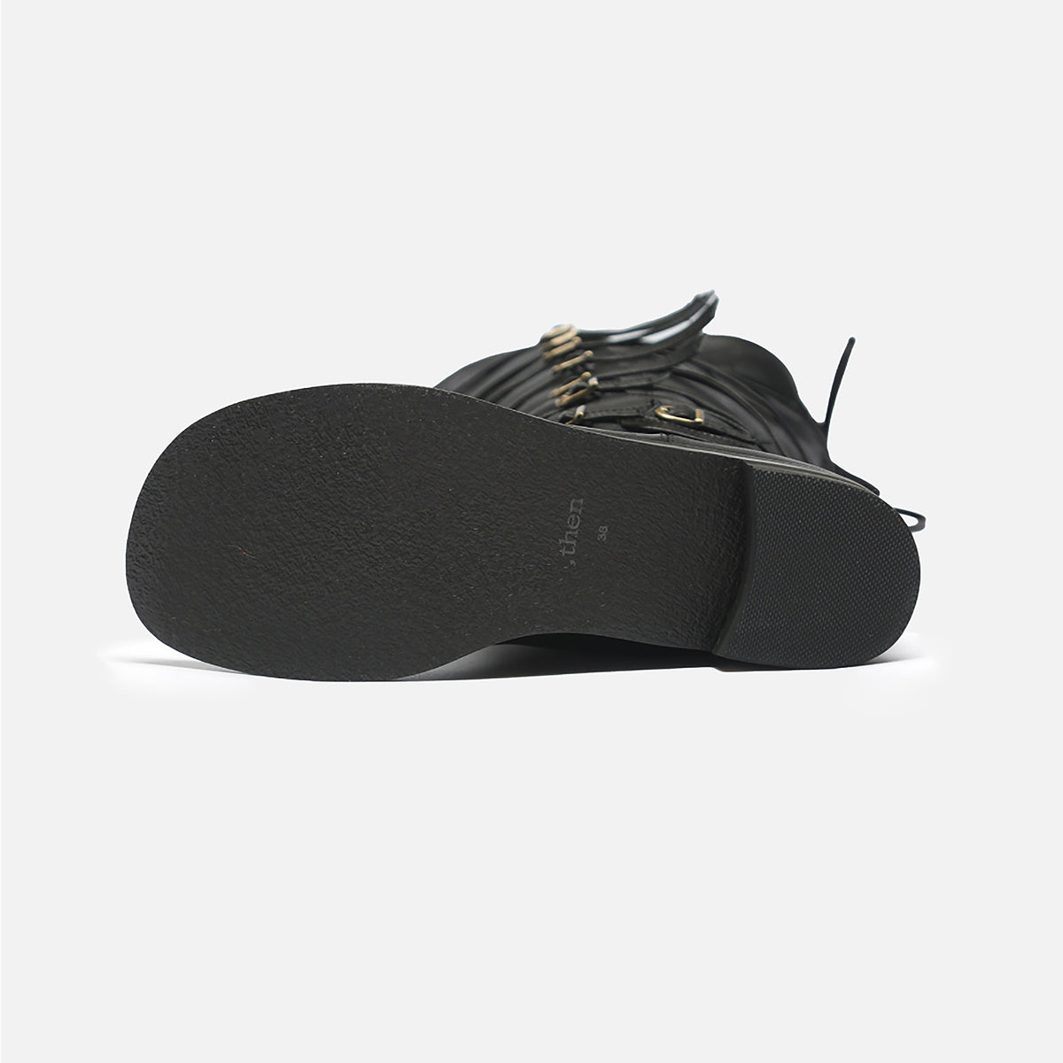 Black Knee‑High 
Leather Multi‑Strap Buckle Boots