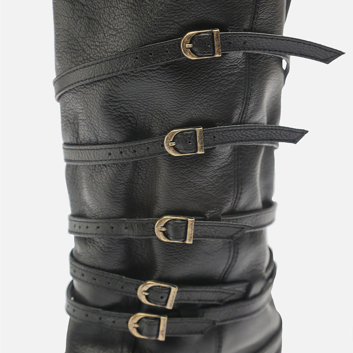 Black Knee‑High 
Leather Multi‑Strap Buckle Boots