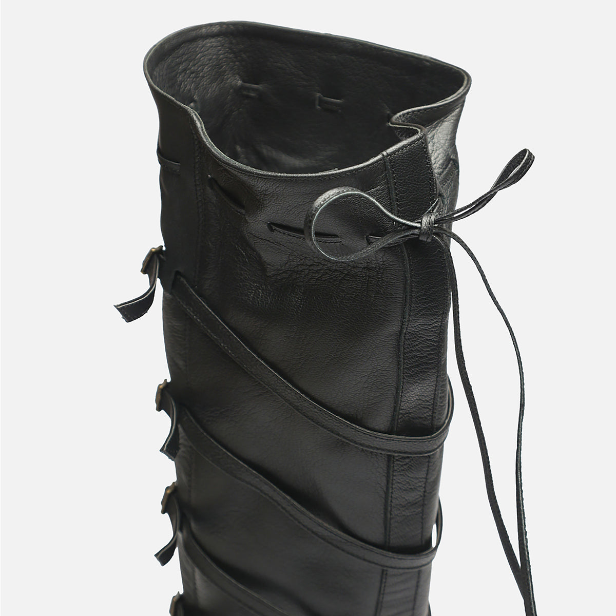 Black Knee‑High 
Leather Multi‑Strap Buckle Boots