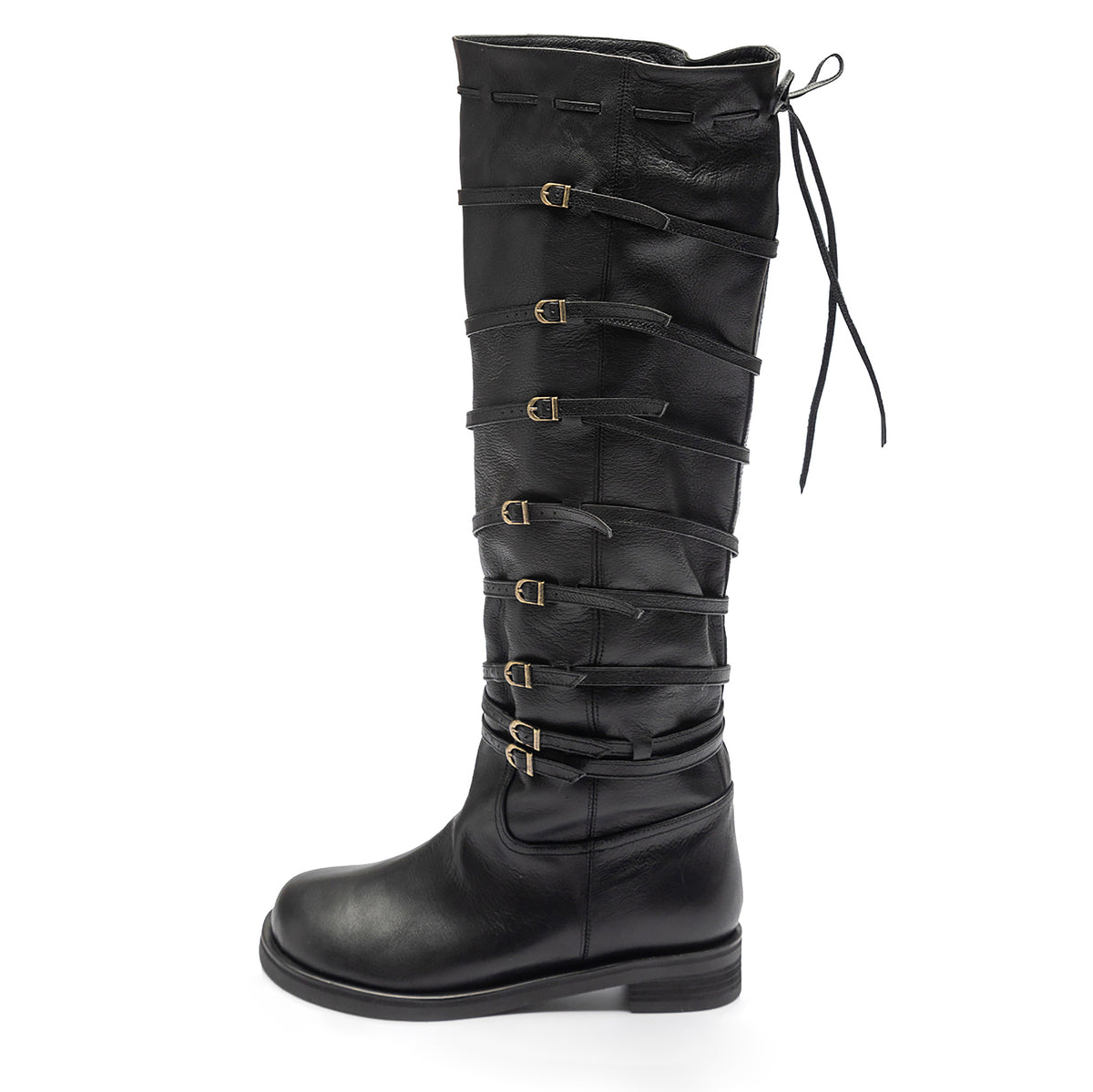 Black Knee‑High 
Leather Multi‑Strap Buckle Boots