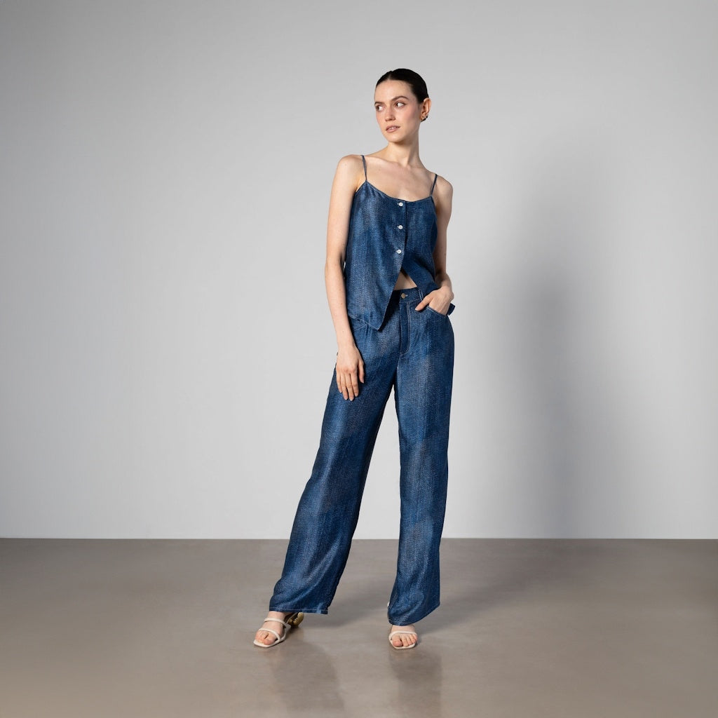 Dark Denim Wash Silk Camisole with Cut-Out Drape
