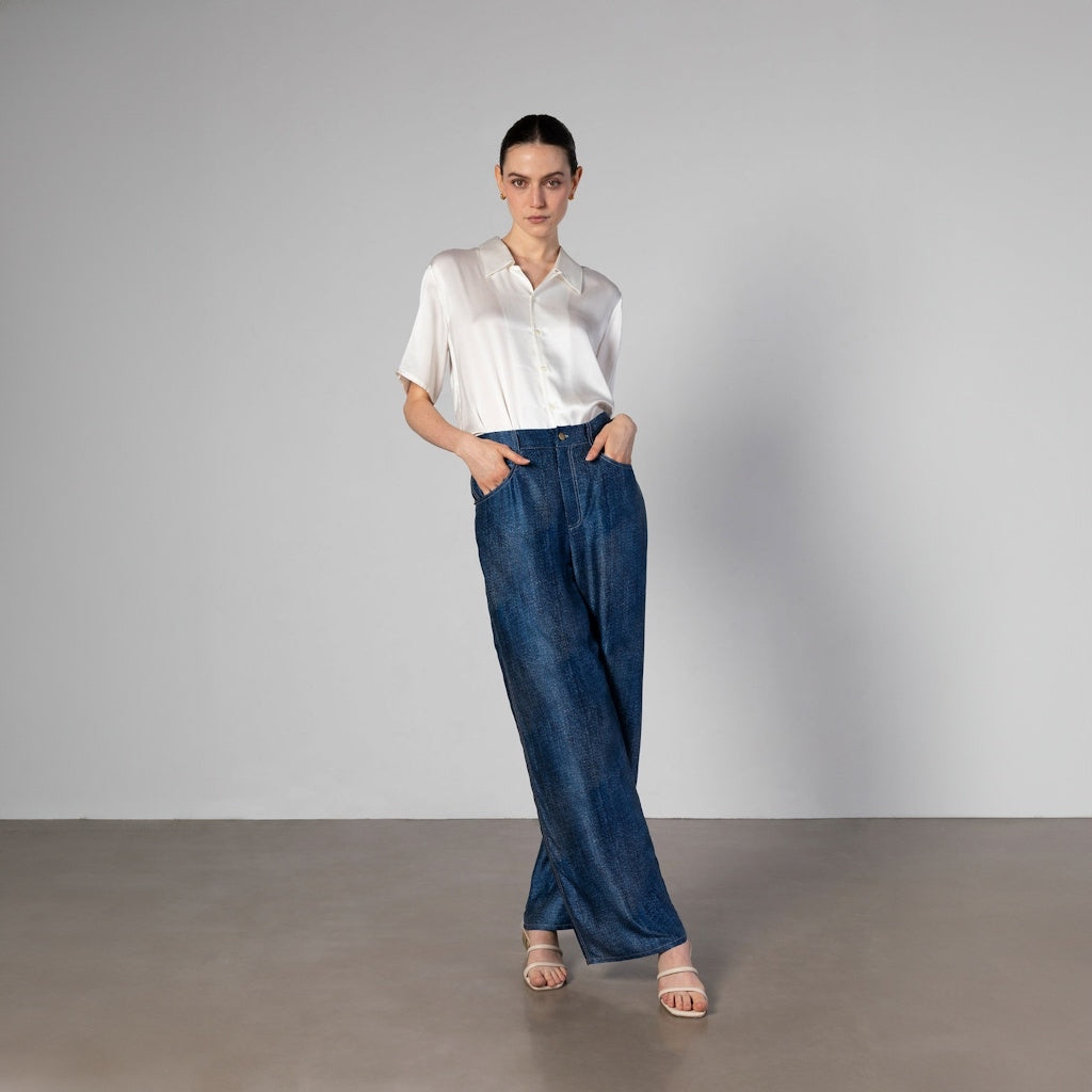 Silk Wide-Leg Jeans with Contrast Stitching