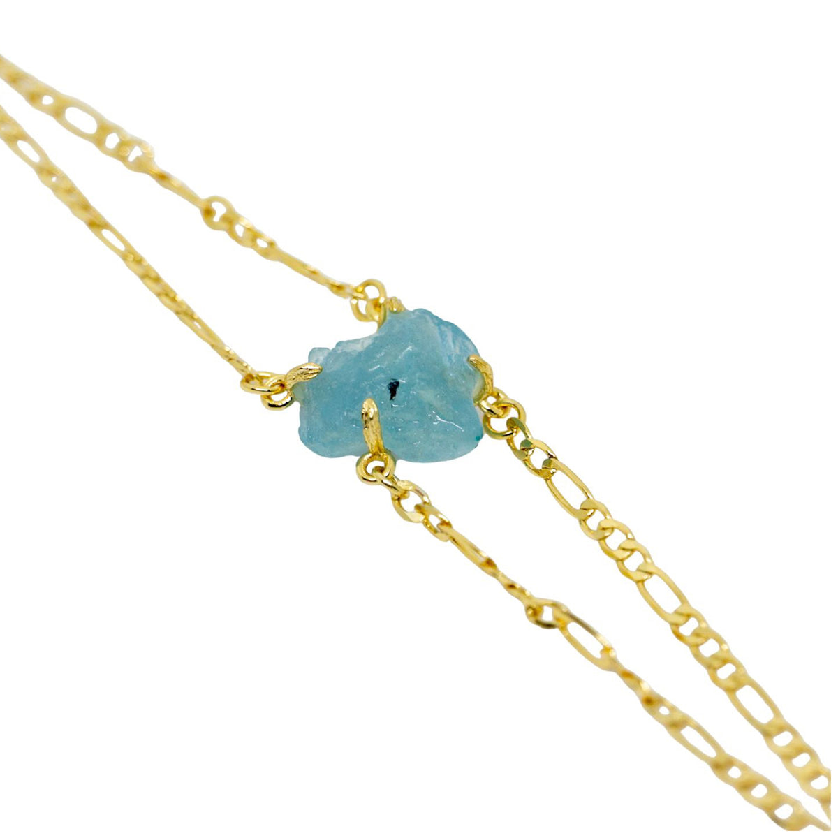 Gold chain necklace with a blue stone pendant on a white background