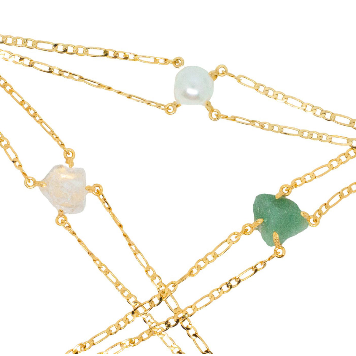 Gold chain necklaces with pearls and green stones on a white background
