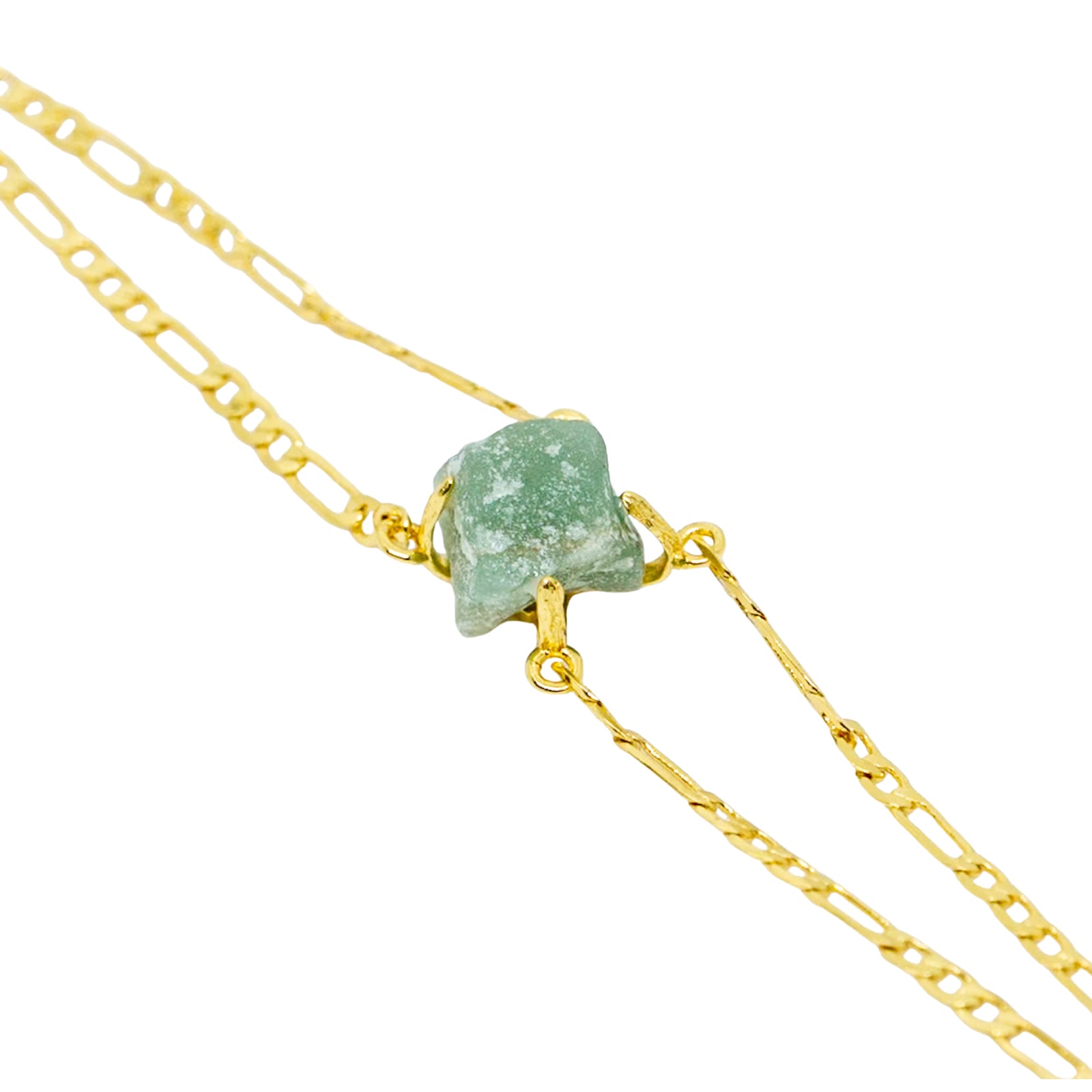 Gold chain necklace with a green stone pendant on a white background