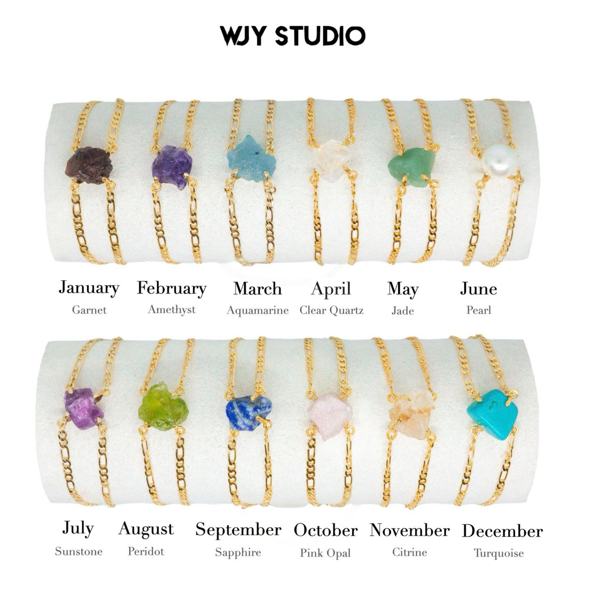 Set of gold chain necklaces with colored stones for each month, displayed on a white background with 'WJY Studio' branding.