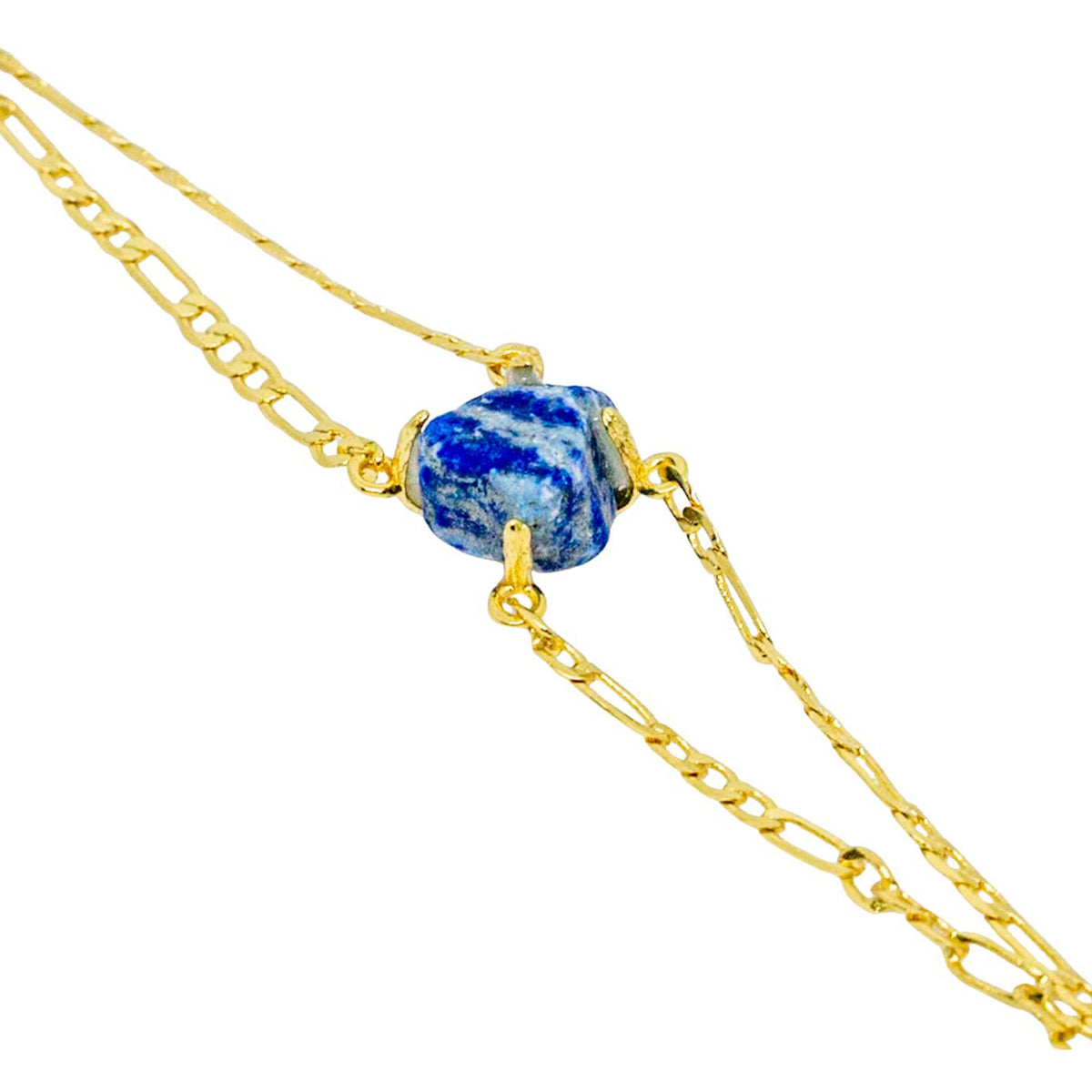 Gold chain necklace with a blue stone bead on a white background