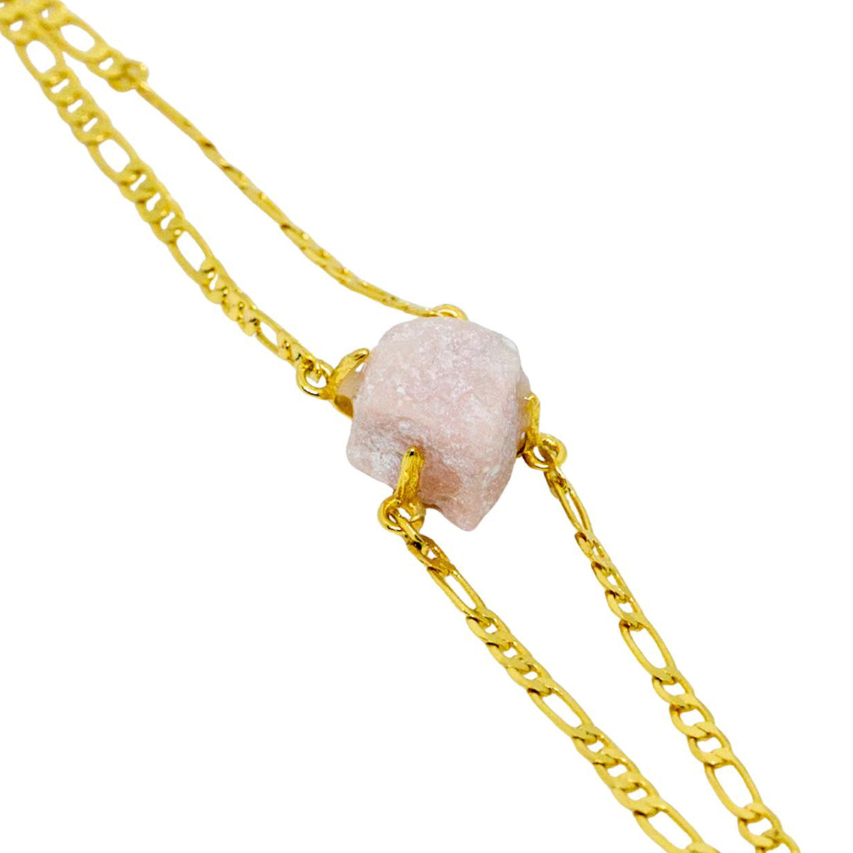 Gold chain necklace with a pink stone pendant on a white background