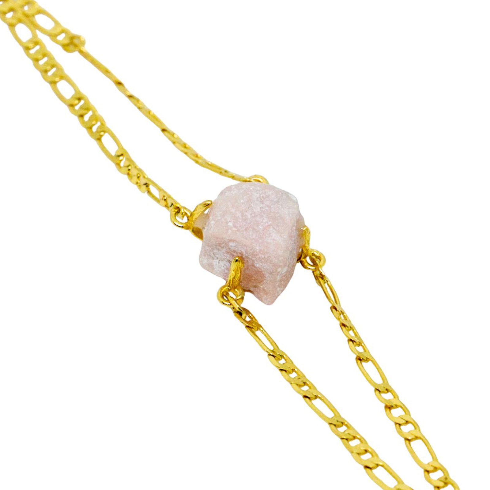 Gold chain necklace with a pink stone pendant on a white background