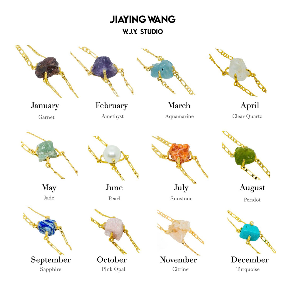 Jewelry set with gemstones for each month, branded 'JIAYING WANG WJY Studio'.