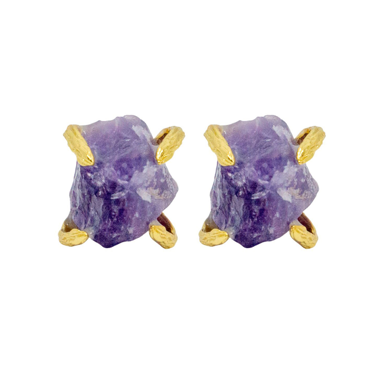 Pair of purple crystal earrings with gold accents on a white background