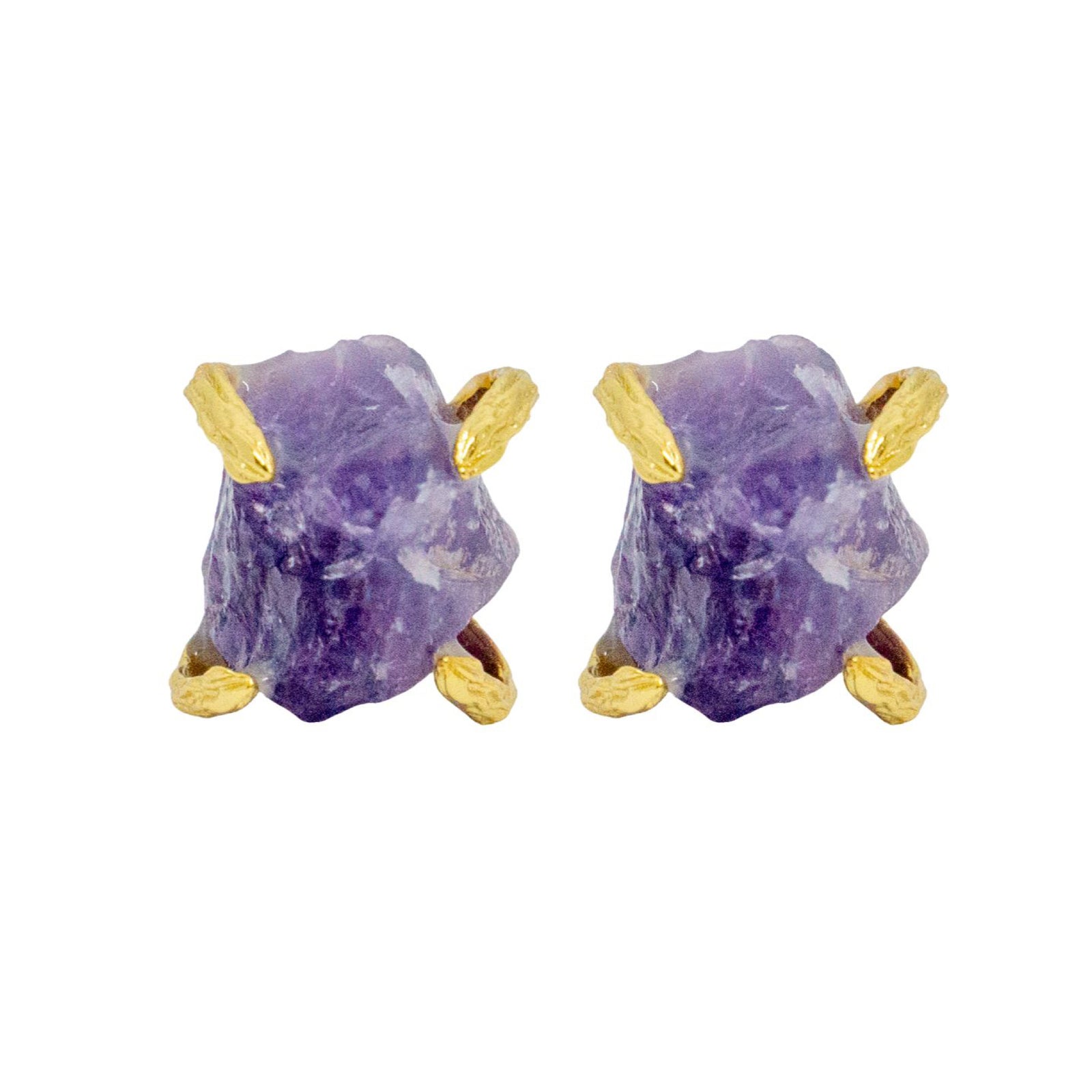 Pair of purple crystal earrings with gold accents on a white background