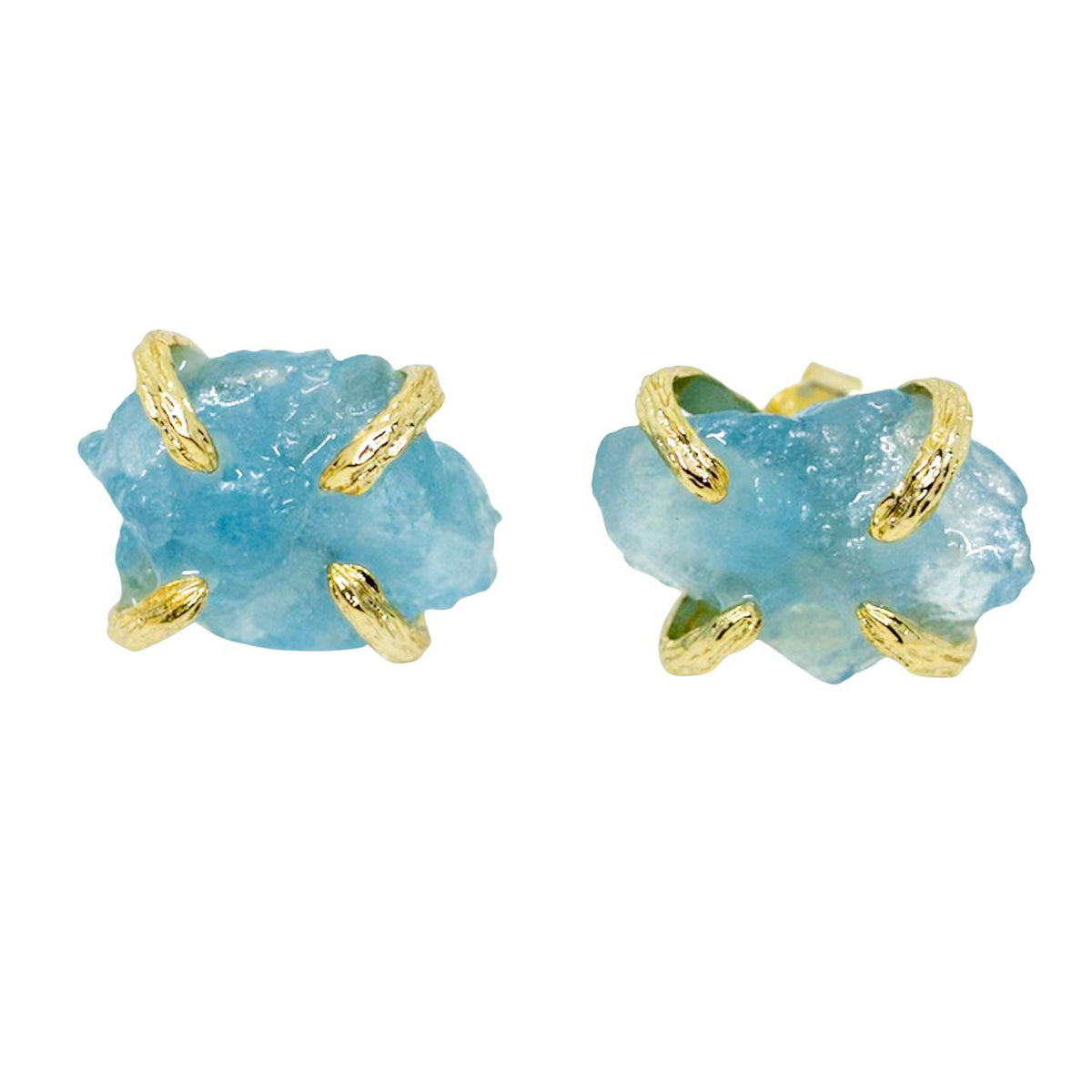 Pair of blue stone earrings with gold accents on a white background