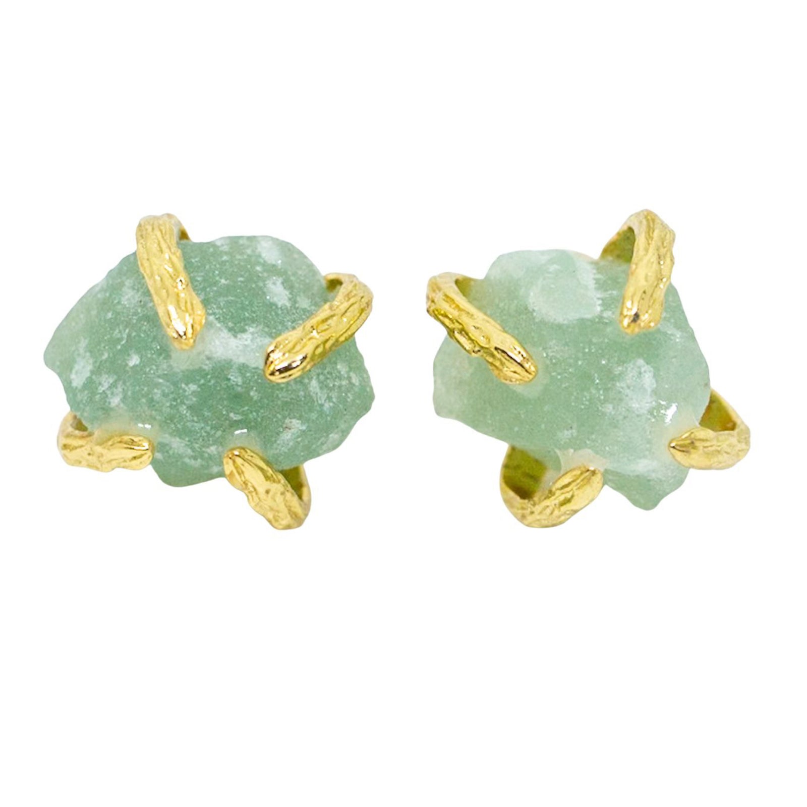 Pair of green stone earrings with gold accents on a white background