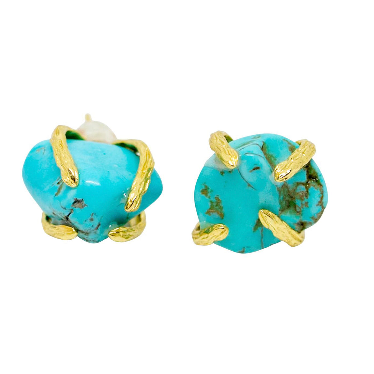 Turquoise earrings with gold accents on a white background