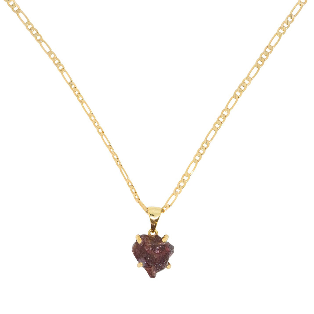 Gold necklace with a heart-shaped dark red stone pendant on a white background