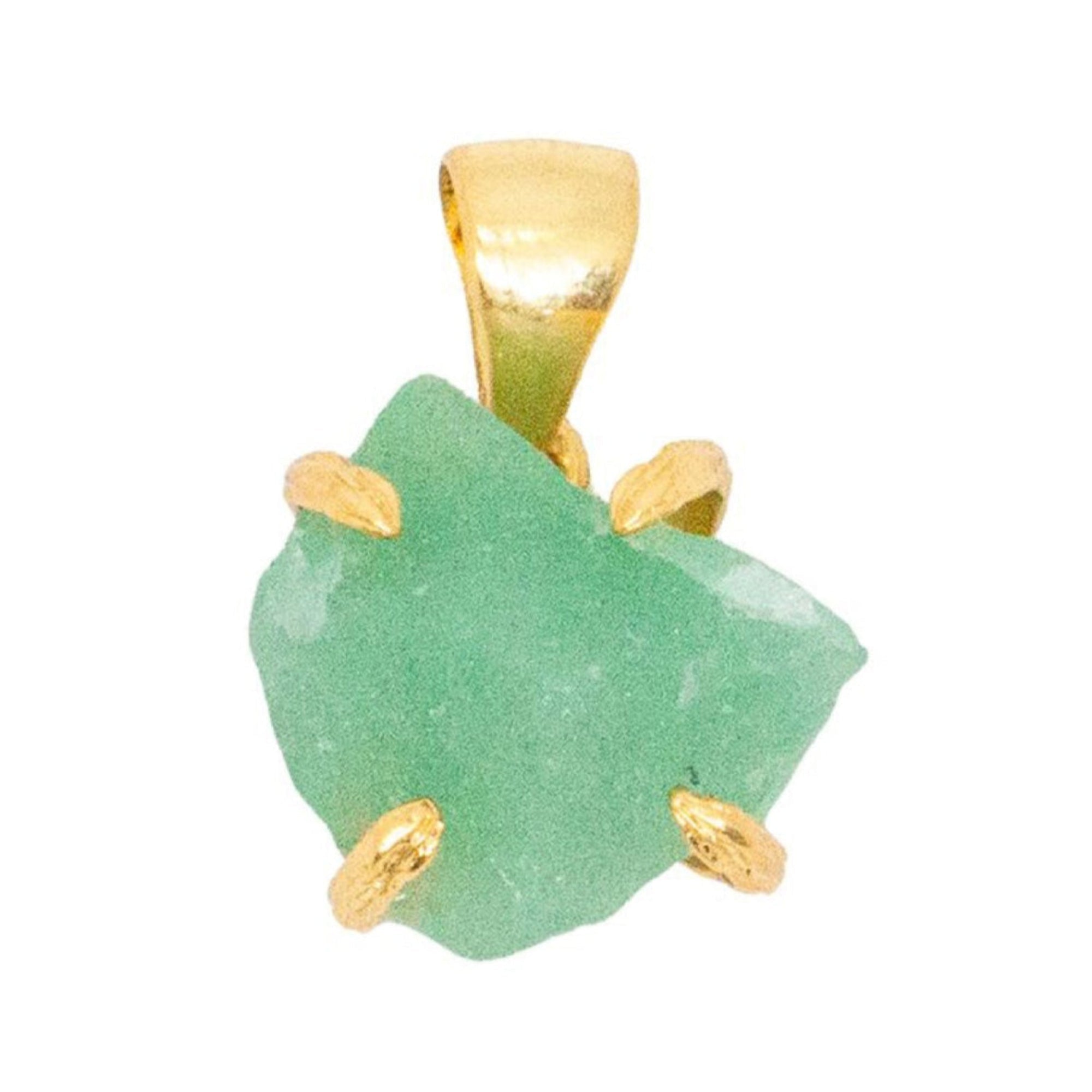 Green stone pendant with gold accents on a white background